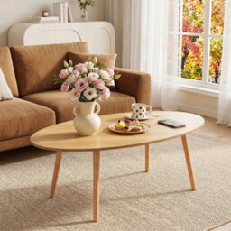 Single Tier Oval Coffee Table Natural Wood Colour Simple Living Room Side Table - thumbnail 1