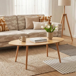 Single Tier Oval Coffee Table Natural Wood Colour Simple Living Room Side Table - thumbnail 3