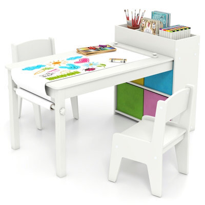 Costway Kids Art Table & Chairs Set Wooden Kids Craft Study Desk W/ Paper Roll-White - image 1