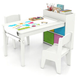 Costway Kids Art Table & Chairs Set Wooden Kids Craft Study Desk W/ Paper Roll-White - thumbnail 1