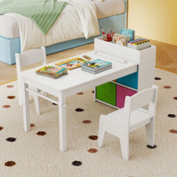 Costway Kids Art Table & Chairs Set Wooden Kids Craft Study Desk W/ Paper Roll-White - thumbnail 4
