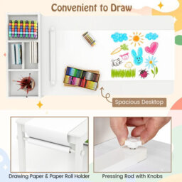 Costway Kids Art Table & Chairs Set Wooden Kids Craft Study Desk W/ Paper Roll-White - thumbnail 5