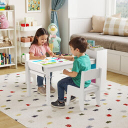 Costway Kids Art Table & Chairs Set Wooden Kids Craft Study Desk W/ Paper Roll-White - thumbnail 3