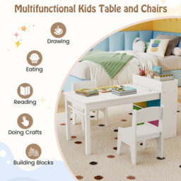 Costway Kids Art Table & Chairs Set Wooden Kids Craft Study Desk W/ Paper Roll-White - thumbnail 6