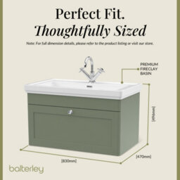 Balterley Swynnerton Traditional Bathroom Wall Hung 1-Drawer Vanity Unit & Fireclay Basin, Satin Green, 800mm - thumbnail 5
