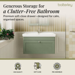 Balterley Swynnerton Traditional Bathroom Wall Hung 1-Drawer Vanity Unit & Fireclay Basin, Satin Green, 800mm - thumbnail 3