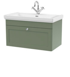 Balterley Swynnerton Traditional Bathroom Wall Hung 1-Drawer Vanity Unit & Fireclay Basin, Satin Green, 800mm - thumbnail 1