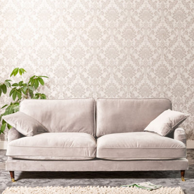 Mackenzie 207Cm Wide Silver 4 Seat Velvet Fabric Sofa With Brass Coloured Wheel Tipped Walnut Coloured Wooden Legs