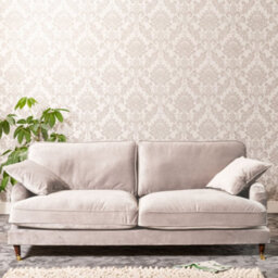 Mackenzie 207Cm Wide Silver 4 Seat Velvet Fabric Sofa With Brass Coloured Wheel Tipped Walnut Coloured Wooden Legs