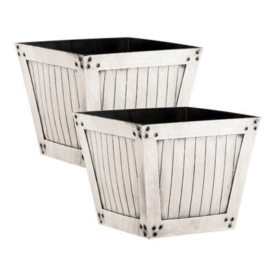 Simpa 2Pc Distressed White Slatted Wood Style Plastic Planters 31Cm (Dia) - image 1