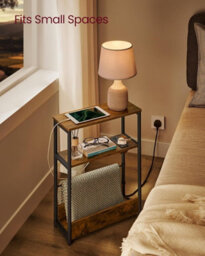 LEDREM Slim Side Table With Charging Station, 3-Tier Narrow Bedside Table, End Table For Small Spaces,rustic Brown And Ink Black - thumbnail 7