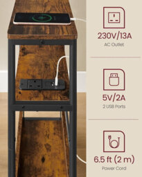 LEDREM Slim Side Table With Charging Station, 3-Tier Narrow Bedside Table, End Table For Small Spaces,rustic Brown And Ink Black - thumbnail 5