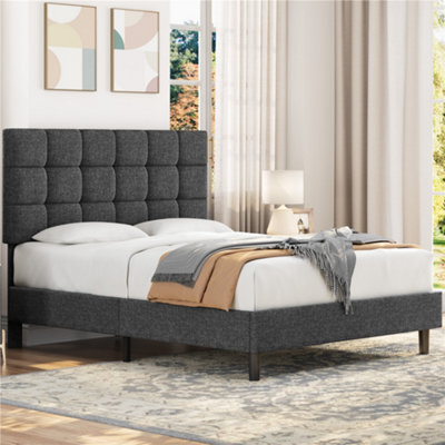 Yaheetech Dark Grey 4Ft6 Double Upholstered Bed Frame With Square Tufted Adjustable Headboard And Wooden Slats Support - image 1