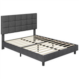 Yaheetech Dark Grey 4Ft6 Double Upholstered Bed Frame With Square Tufted Adjustable Headboard And Wooden Slats Support - thumbnail 2