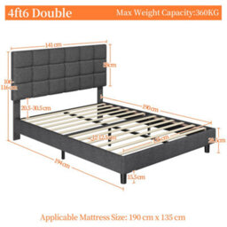 Yaheetech Dark Grey 4Ft6 Double Upholstered Bed Frame With Square Tufted Adjustable Headboard And Wooden Slats Support - thumbnail 4