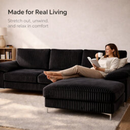 SquareBoxx Venossa L Shaped Corner Sofa With Chaise Lounge A 4 Seater Modern Jumbo Cord Sofa, Deep Seat Comfort, Plush Cushions & Chrome Legs - thumbnail 8
