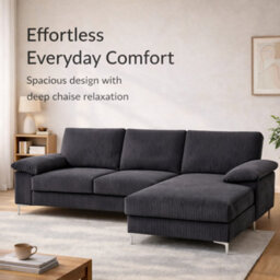 SquareBoxx Venossa L Shaped Corner Sofa With Chaise Lounge A 4 Seater Modern Jumbo Cord Sofa, Deep Seat Comfort, Plush Cushions & Chrome Legs - thumbnail 3