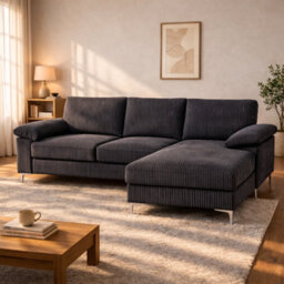 SquareBoxx Venossa L Shaped Corner Sofa With Chaise Lounge A 4 Seater Modern Jumbo Cord Sofa, Deep Seat Comfort, Plush Cushions & Chrome Legs - thumbnail 2