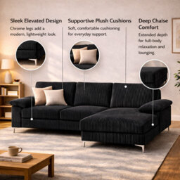 SquareBoxx Venossa L Shaped Corner Sofa With Chaise Lounge A 4 Seater Modern Jumbo Cord Sofa, Deep Seat Comfort, Plush Cushions & Chrome Legs - thumbnail 5