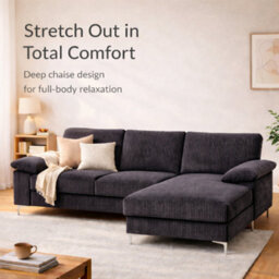 SquareBoxx Venossa L Shaped Corner Sofa With Chaise Lounge A 4 Seater Modern Jumbo Cord Sofa, Deep Seat Comfort, Plush Cushions & Chrome Legs - thumbnail 4