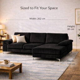 SquareBoxx Venossa L Shaped Corner Sofa With Chaise Lounge A 4 Seater Modern Jumbo Cord Sofa, Deep Seat Comfort, Plush Cushions & Chrome Legs - thumbnail 6