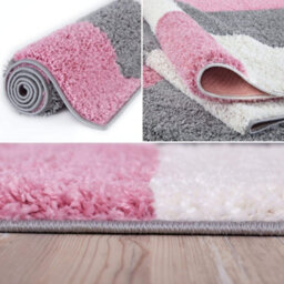 The Rugs Pink Grey And Ivory Soft Checkerboard Design Fluffy Shaggy Rugs And Runners High Pile Living Room Kitchen Hallway 381 - thumbnail 4