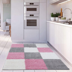 The Rugs Pink Grey And Ivory Soft Checkerboard Design Fluffy Shaggy Rugs And Runners High Pile Living Room Kitchen Hallway 381 - thumbnail 6