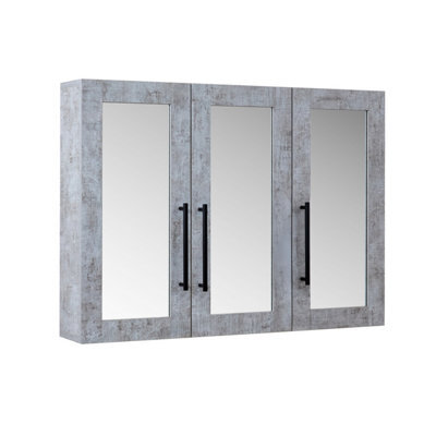 Homestylestore 900 X 650mm Concrete Grey Wall Mounted Mirrored Door Bathroom Cabinet And Black T Bar Handles - image 1