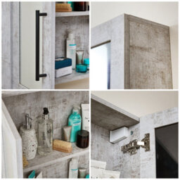 Homestylestore 900 X 650mm Concrete Grey Wall Mounted Mirrored Door Bathroom Cabinet And Black T Bar Handles - thumbnail 3
