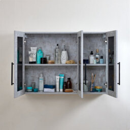 Homestylestore 900 X 650mm Concrete Grey Wall Mounted Mirrored Door Bathroom Cabinet And Black T Bar Handles - thumbnail 2