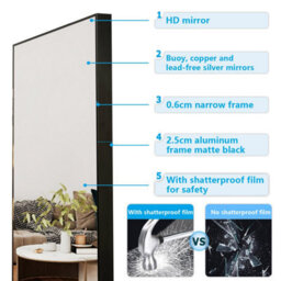 AVER-GROWTH Full Length Mirror 140X40Cm Black Aluminum Frame Large Dressing Mirror Wall Mounted Floor Standing Or Over Door Hanging Hooks - thumbnail 3