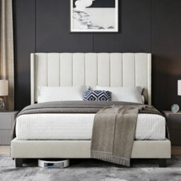 Yaheetech Bed Frame With Channel Tufted Headboard - Beige / Double - thumbnail 7
