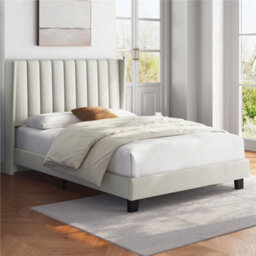 Yaheetech Bed Frame With Channel Tufted Headboard - Beige / Double