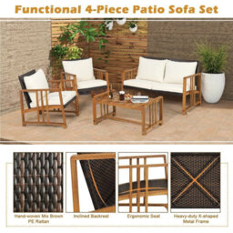 Gainoom 4 Pcs Outdoor Patio Mix Brown Rattan Set Pe Wicker Chair Table Set W/ Cushions - thumbnail 8