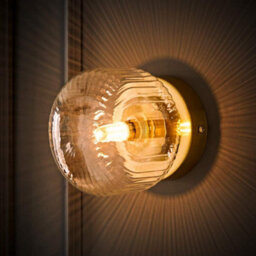Valuelights Calpe Brushed Gold Flush Wall Light With Ribbed Clear Shade And Bulb