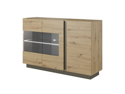 Arte Arco Contemporary Display Sideboard Cabinet 3 Hinged Doors 2 Shelves Oak Artisan Effect & Graphite (H)910mm (W)1380mm (D)400mm - image 1