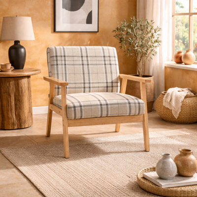 Wyld Haus Sove Linen Beige Tartan-Pattern Single Armchair With Wooden Frame, Compact One-Seater Sofa - image 1