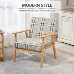 Wyld Haus Sove Linen Beige Tartan-Pattern Single Armchair With Wooden Frame, Compact One-Seater Sofa - thumbnail 5