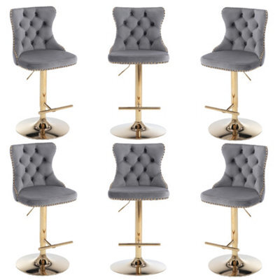 HomeTouch Set Of 6 Luxury Grey Velvet Adjustable Swivel Bar Stools With Gold Base - image 1