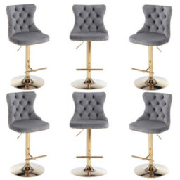 HomeTouch Set Of 6 Luxury Grey Velvet Adjustable Swivel Bar Stools With Gold Base - thumbnail 1