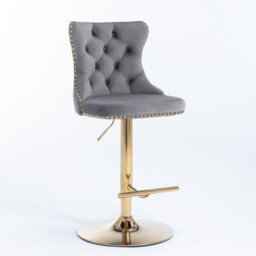 HomeTouch Set Of 6 Luxury Grey Velvet Adjustable Swivel Bar Stools With Gold Base - thumbnail 5