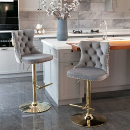 HomeTouch Set Of 6 Luxury Grey Velvet Adjustable Swivel Bar Stools With Gold Base - thumbnail 4