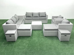 Fimous Garden Outdoor Furniture Set 12 Seater Rattan Sofa Set 4 Stools Light Grey - thumbnail 2
