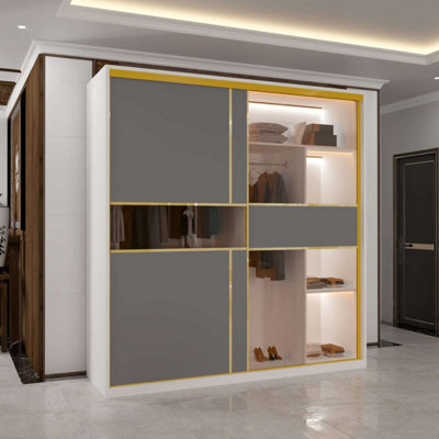 Sliding Wardrobes 4 u LTD Modern Sliding Wardrobe With Golden Detailing Universal Glass Door, Dual Led Lights & Fully Mdf Construction (White,200Cm) - image 1