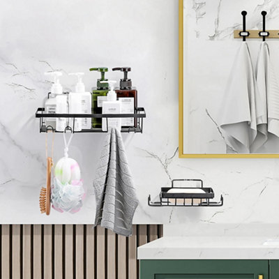 Living And Home 4 Piece No Drill Wall Mount Shower Caddy Set Black Metal Bathroom Organizer With Wall Stickers Hooks - image 1