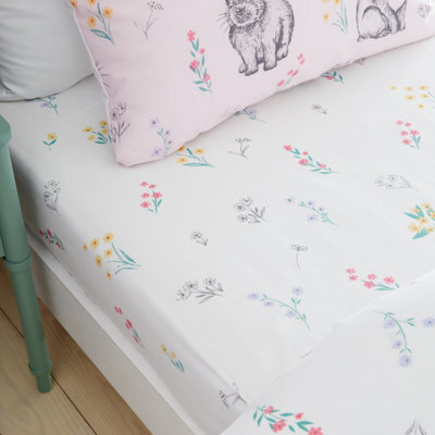 Catherine Lansfield Bunny Tails Ditsy Flowers Fitted Sheet White - image 1