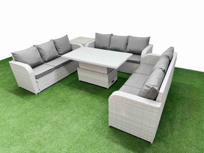 Fimous 9 Seater Outdoor Garden Furniture Set Adjustable Lifting Dining Or Coffee Table 3 Seater Sofa Side Table Light Grey - image 1