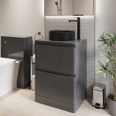 Affine 600mm Bathroom Countertop Vanity Unit Round Fluted Basin Freestanding Grey Gloss - image 1