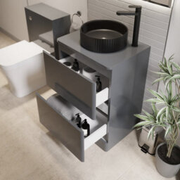 Affine 600mm Bathroom Countertop Vanity Unit Round Fluted Basin Freestanding Grey Gloss - thumbnail 3