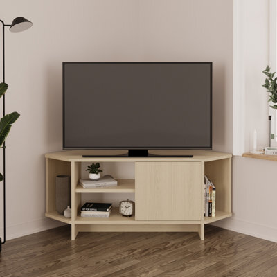 Teo Corner Tv Stand - Space-Saving Tv Unit For 43-48'' Tvs, Compact Media Console With Open Shelves & Cabinet (Light Oak) - image 1
